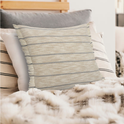 20" X 20" Taupe And Dusty Blue Jute Coastal Zippered Pillow