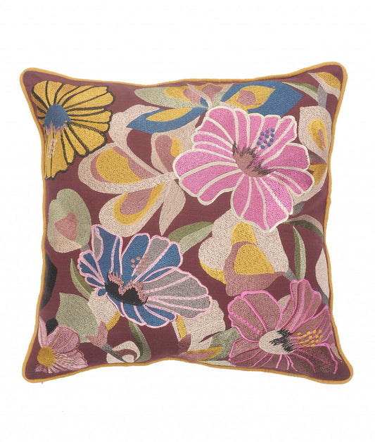 20" X 20" Red Pink Yellow And Blue 100% Cotton Floral Zippered Pillow