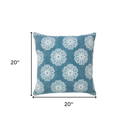 20" X 20" Lagoon Blue And White 100% Cotton Floral Zippered Pillow