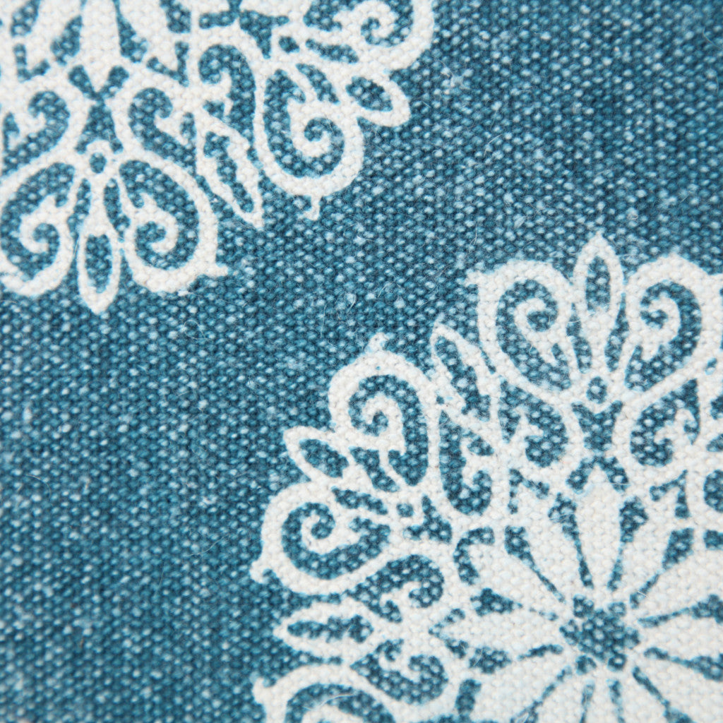 20" X 20" Lagoon Blue And White 100% Cotton Floral Zippered Pillow