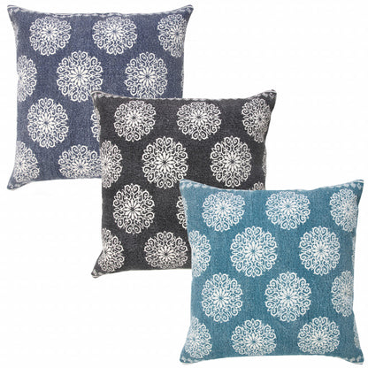 20" X 20" Lagoon Blue And White 100% Cotton Floral Zippered Pillow