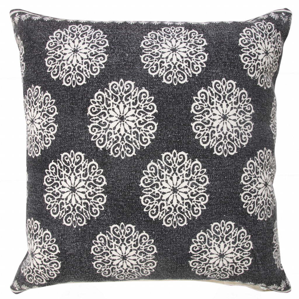 20" X 20" Lagoon Blue And White 100% Cotton Floral Zippered Pillow