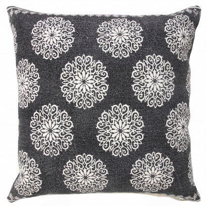 20" X 20" Lagoon Blue And White 100% Cotton Floral Zippered Pillow
