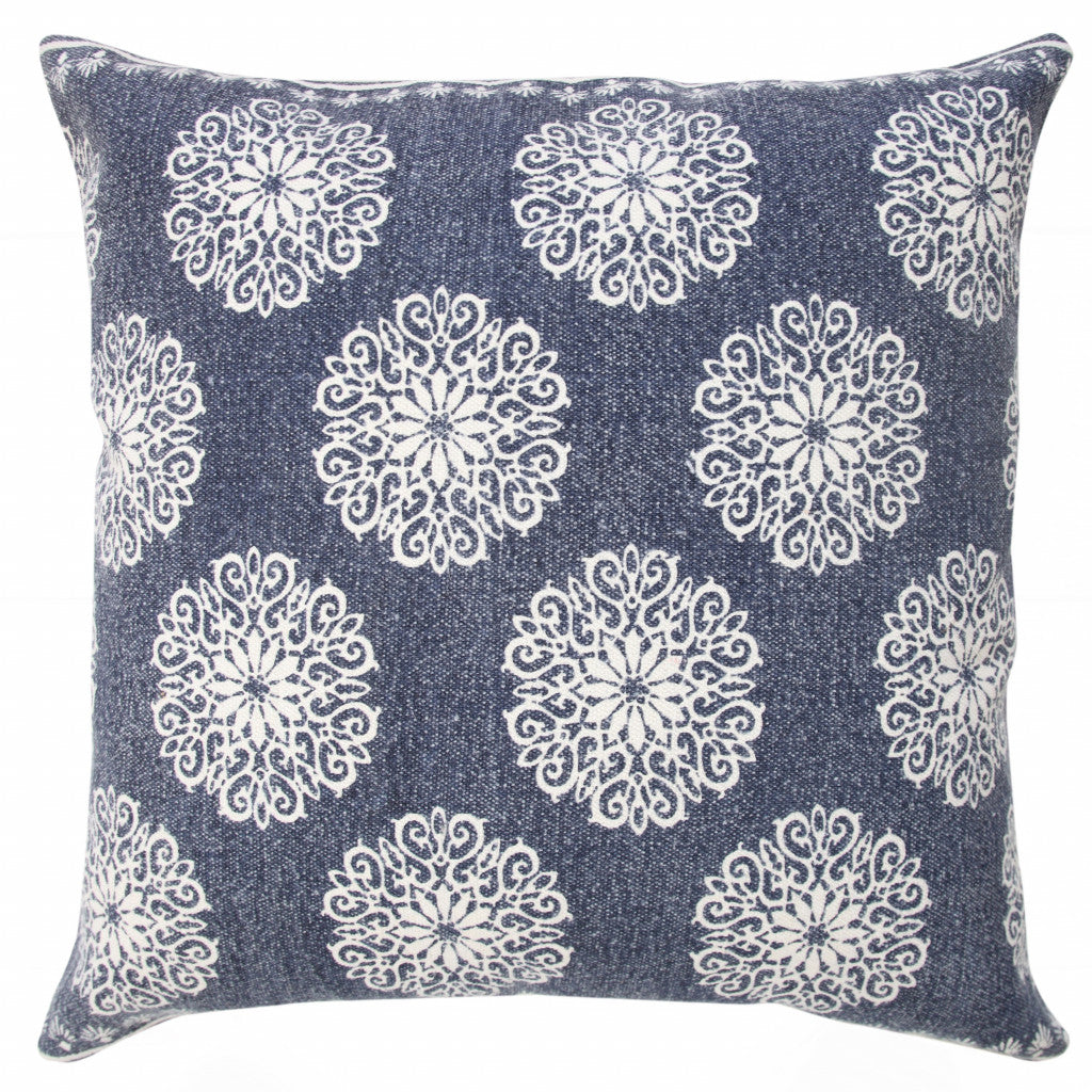 20" X 20" Lagoon Blue And White 100% Cotton Floral Zippered Pillow