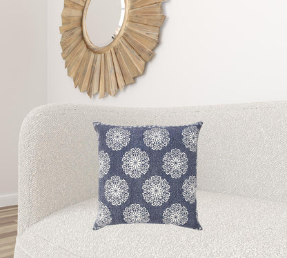 20" X 20" Lagoon Blue And White 100% Cotton Floral Zippered Pillow