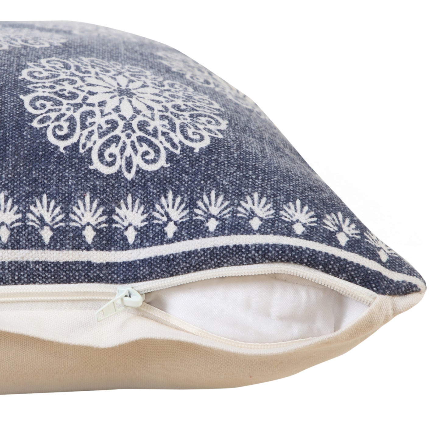 20" X 20" Lagoon Blue And White 100% Cotton Floral Zippered Pillow