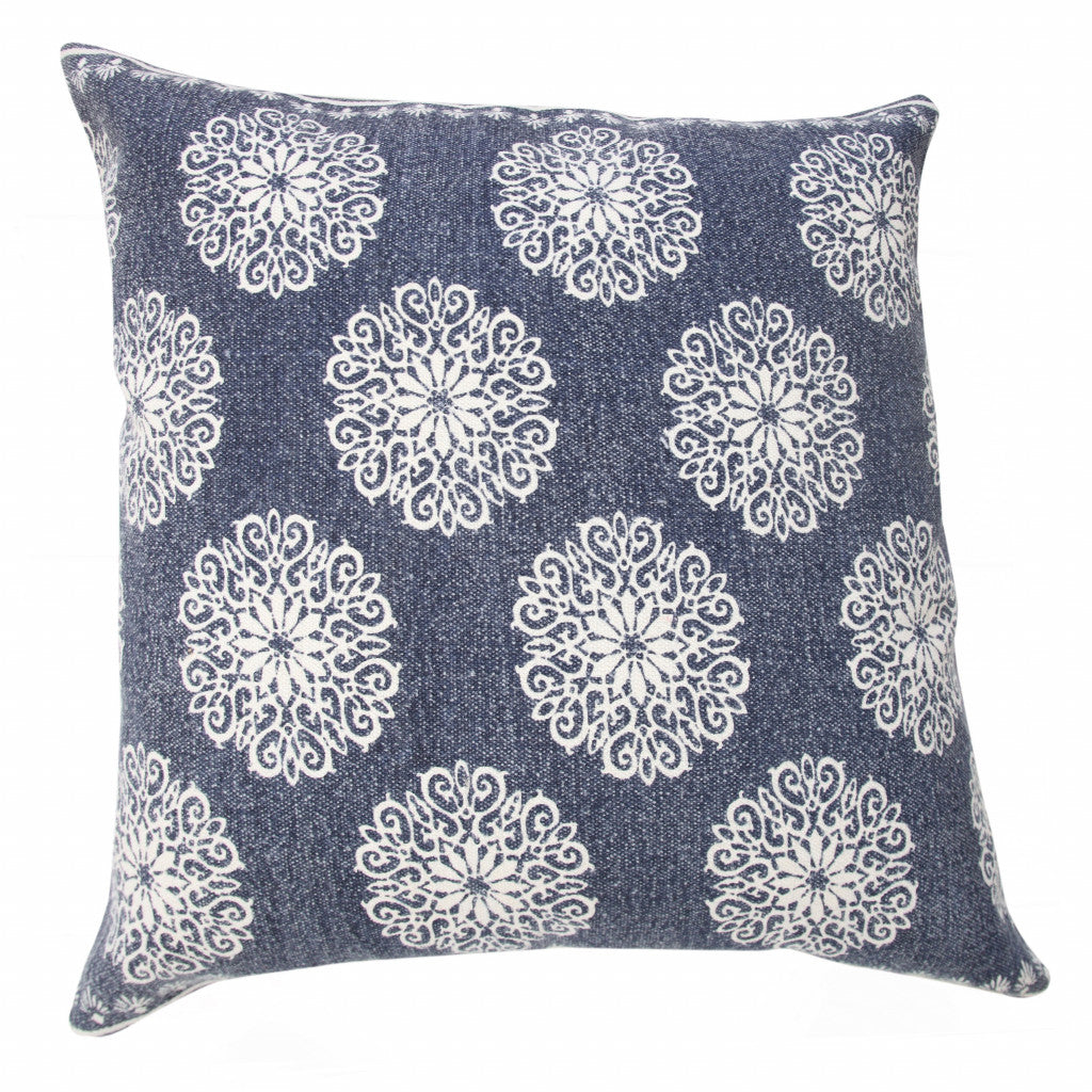 20" X 20" Lagoon Blue And White 100% Cotton Floral Zippered Pillow
