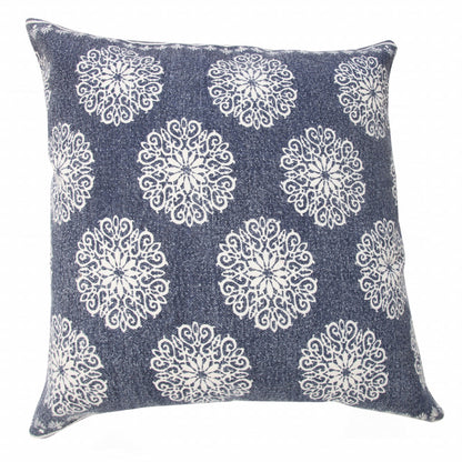 20" X 20" Lagoon Blue And White 100% Cotton Floral Zippered Pillow