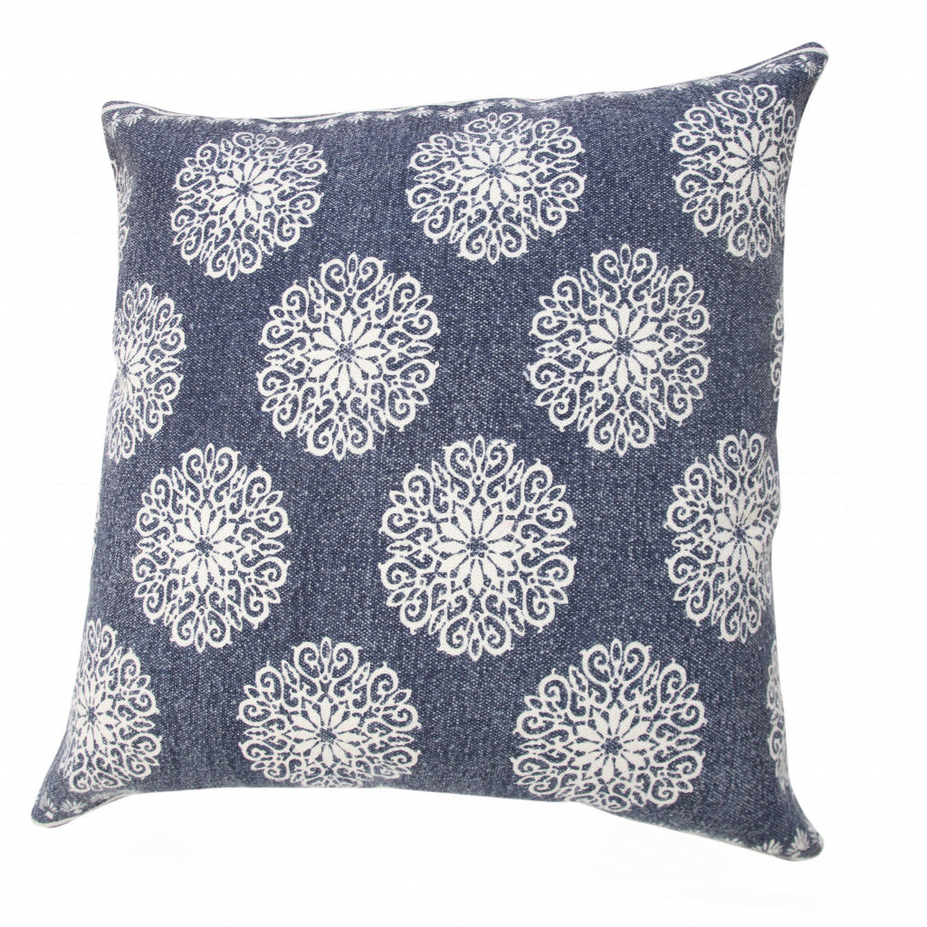 20" X 20" Lagoon Blue And White 100% Cotton Floral Zippered Pillow