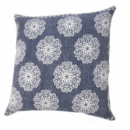 20" X 20" Lagoon Blue And White 100% Cotton Floral Zippered Pillow