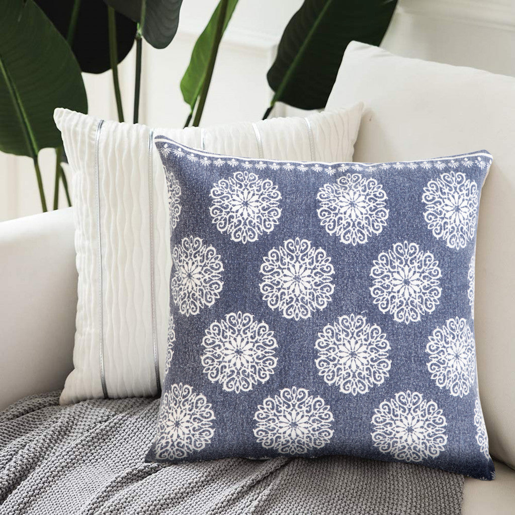 20" X 20" Lagoon Blue And White 100% Cotton Floral Zippered Pillow