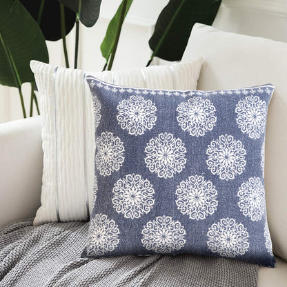 20" X 20" Lagoon Blue And White 100% Cotton Floral Zippered Pillow