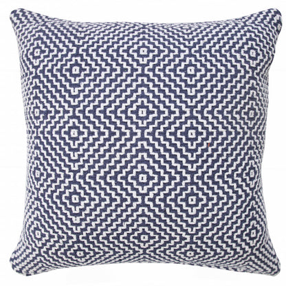 14" X 36" Blue And White 100% Cotton Geometric Zippered Pillow