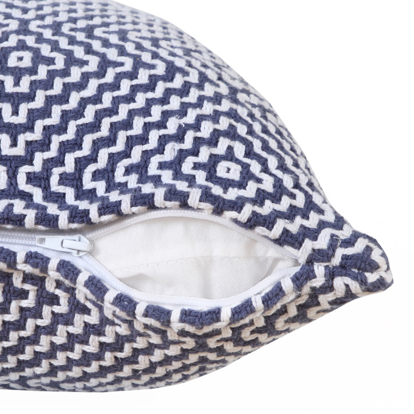 14" X 36" Blue And White 100% Cotton Geometric Zippered Pillow