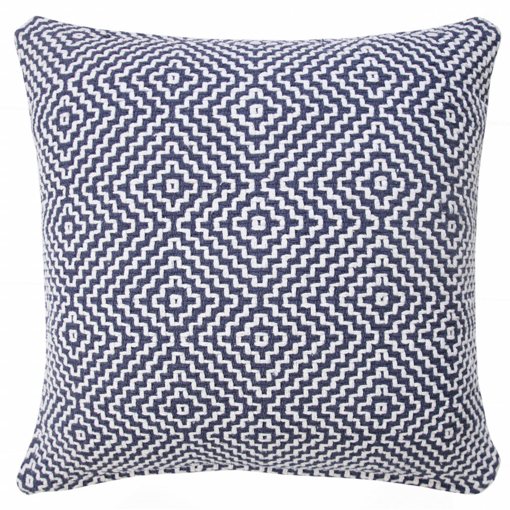 14" X 36" Blue And White 100% Cotton Geometric Zippered Pillow