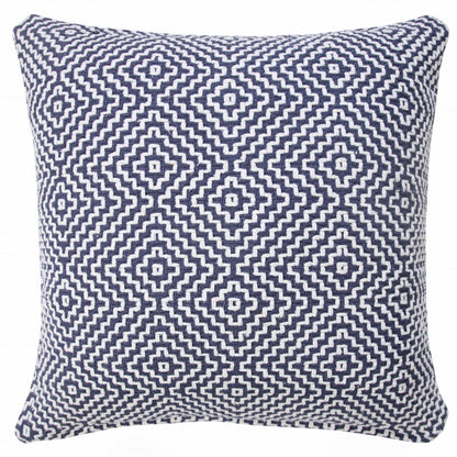 14" X 36" Blue And White 100% Cotton Geometric Zippered Pillow