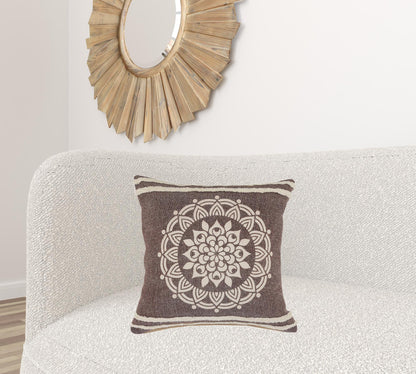 20" X 20" Brown And White 100% Cotton Striped Zippered Pillow