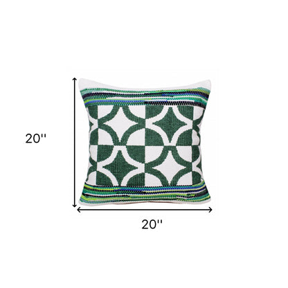 20" X 20" Green White And Blue 100% Cotton Geometric Zippered Pillow