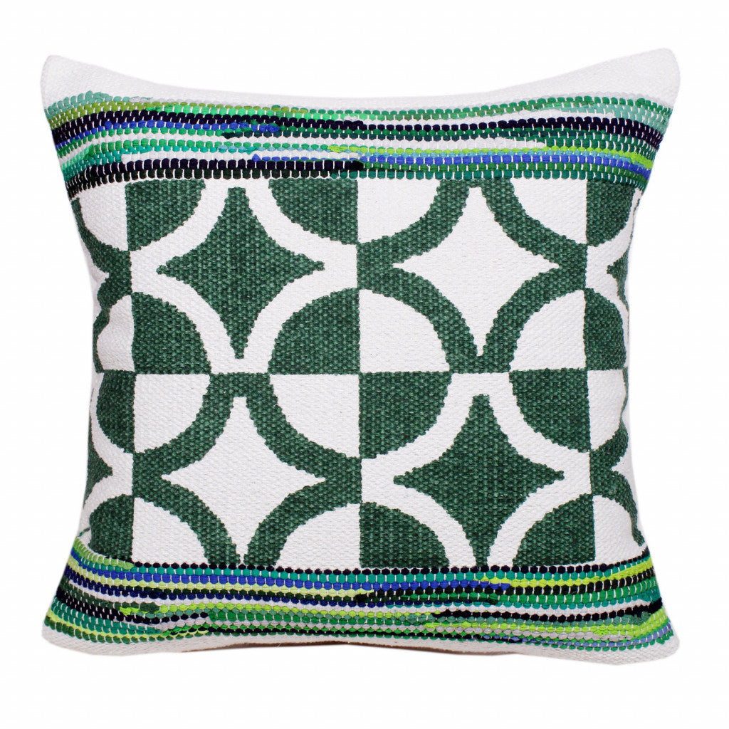 20" X 20" Green White And Blue 100% Cotton Geometric Zippered Pillow
