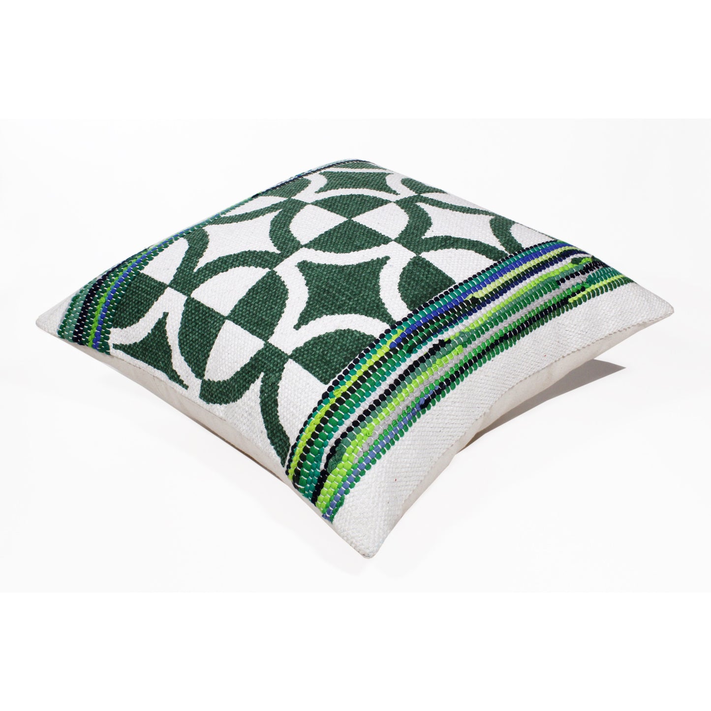 20" X 20" Green White And Blue 100% Cotton Geometric Zippered Pillow