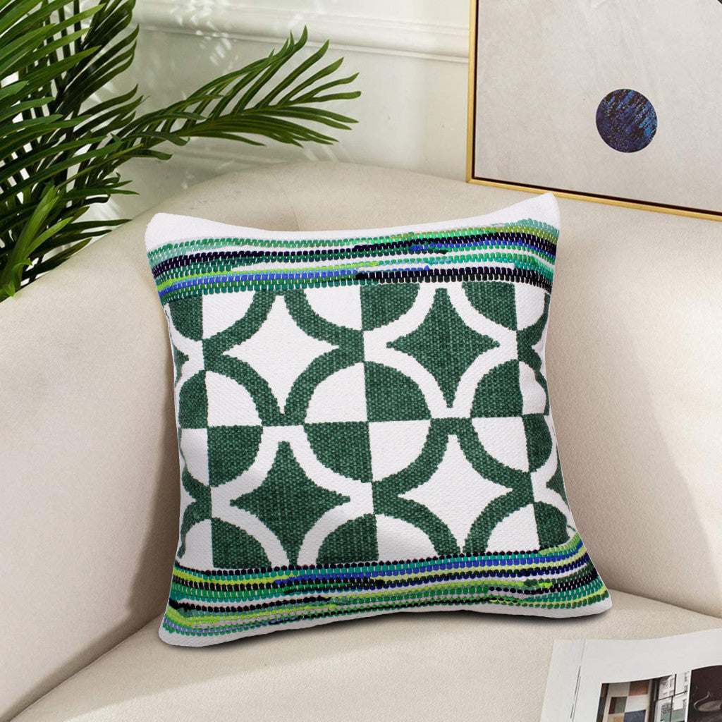 20" X 20" Green White And Blue 100% Cotton Geometric Zippered Pillow