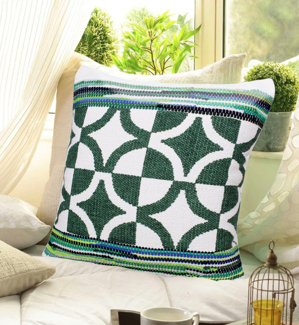 20" X 20" Green White And Blue 100% Cotton Geometric Zippered Pillow