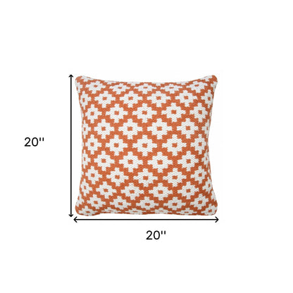 20" X 20" Orange And White 100% Cotton Geometric Zippered Pillow