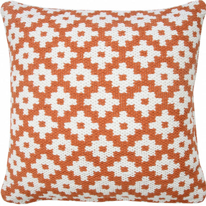 20" X 20" Orange And White 100% Cotton Geometric Zippered Pillow