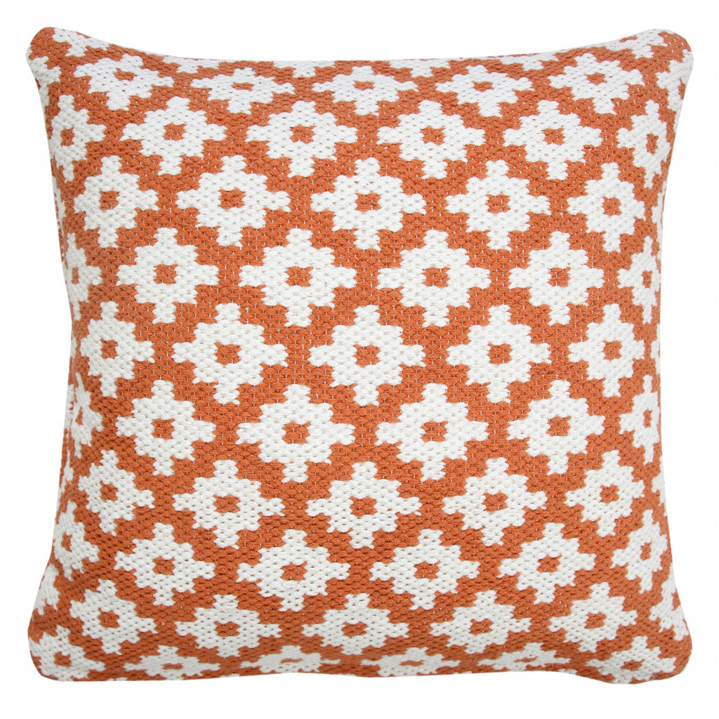 20" X 20" Orange And White 100% Cotton Geometric Zippered Pillow
