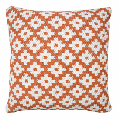 20" X 20" Orange And White 100% Cotton Geometric Zippered Pillow