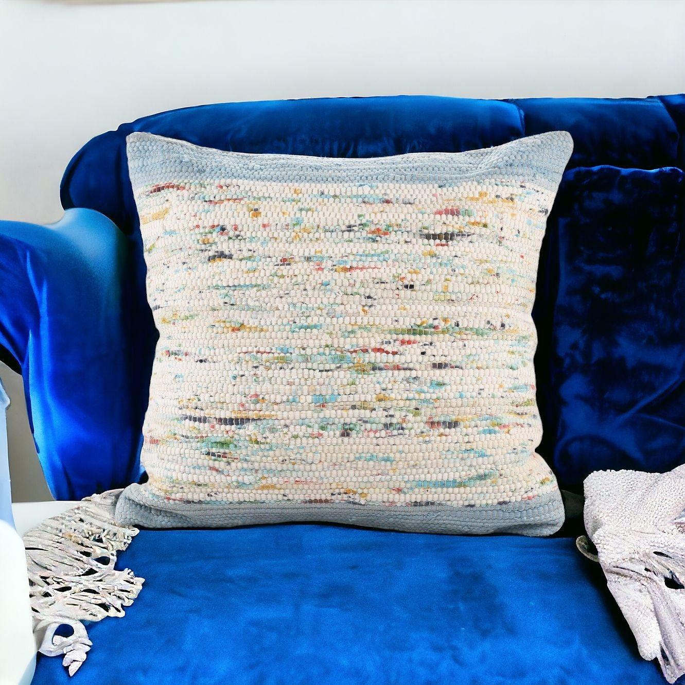 20" X 20" Blue And Off-White 100% Cotton Abstract Zippered Pillow