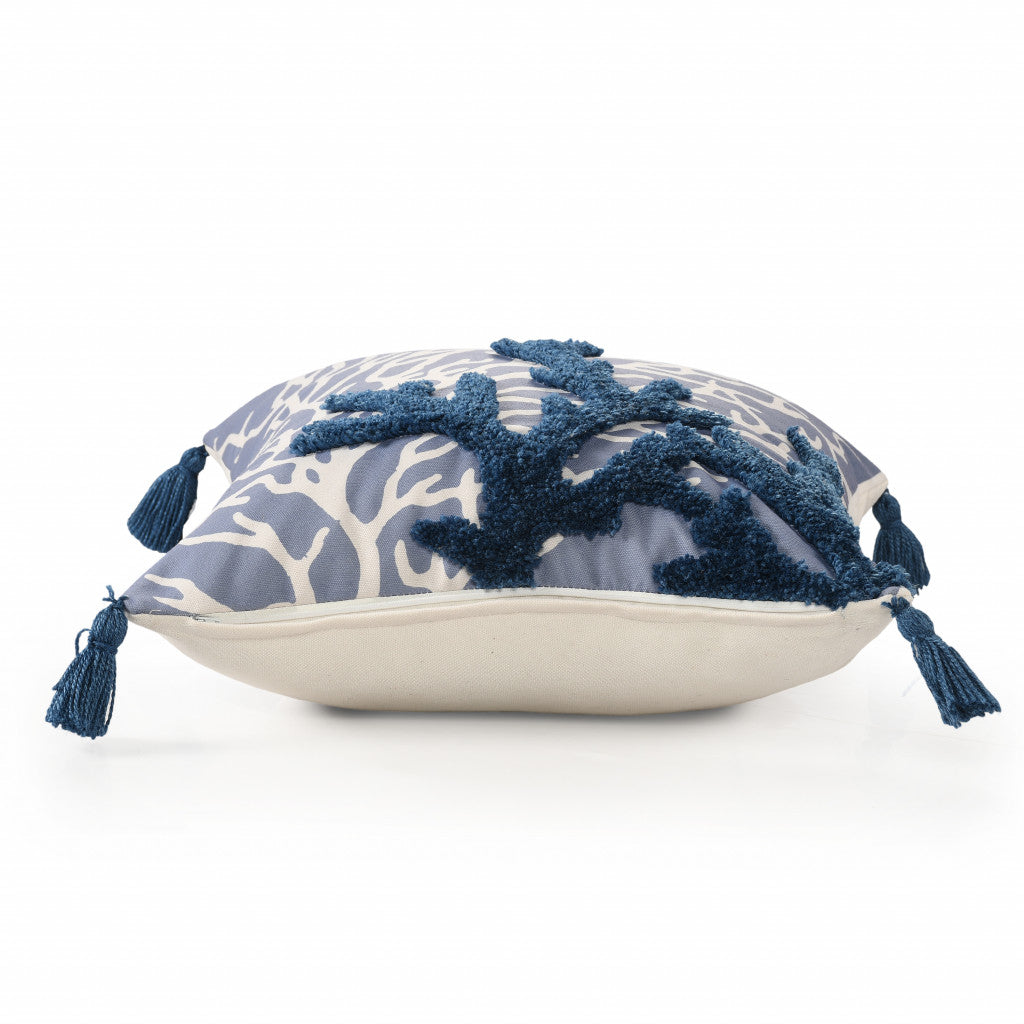 20" X 20" Blue Polyester Floral Zippered Pillow