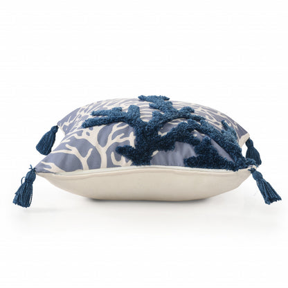 20" X 20" Blue Polyester Floral Zippered Pillow