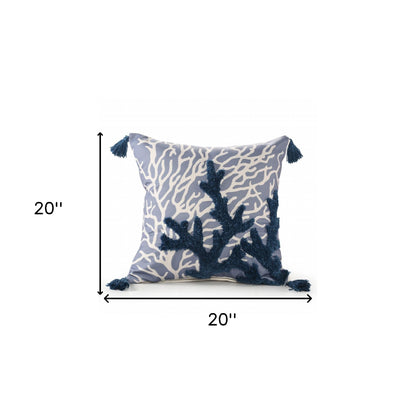 20" X 20" Blue Polyester Floral Zippered Pillow