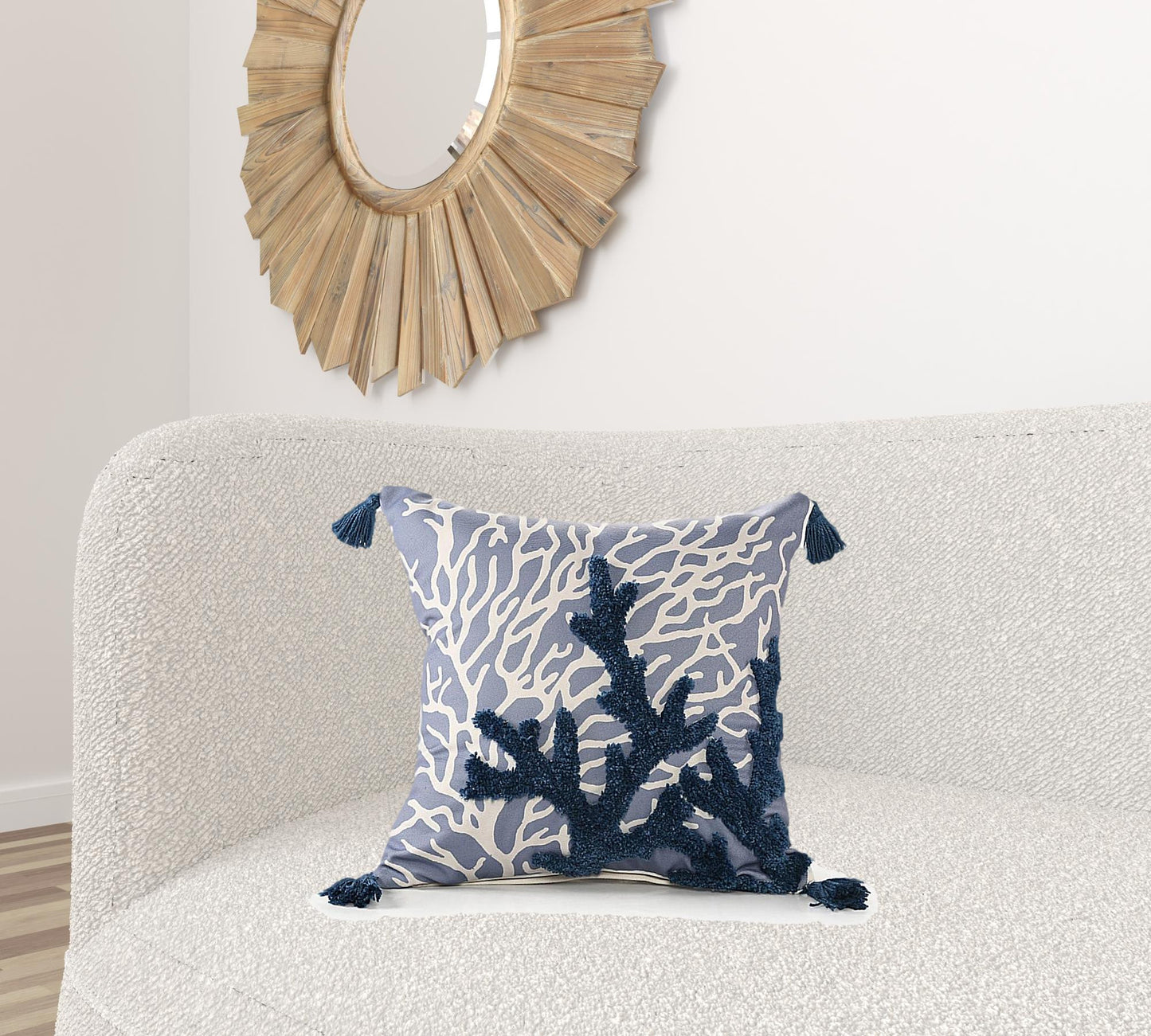 20" X 20" Blue Polyester Floral Zippered Pillow