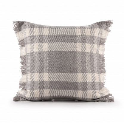 20" X 20" Gray And Ivory Polyester Plaid Zippered Pillow