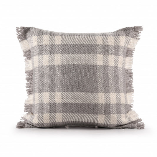 20" X 20" Gray And Ivory Polyester Plaid Zippered Pillow