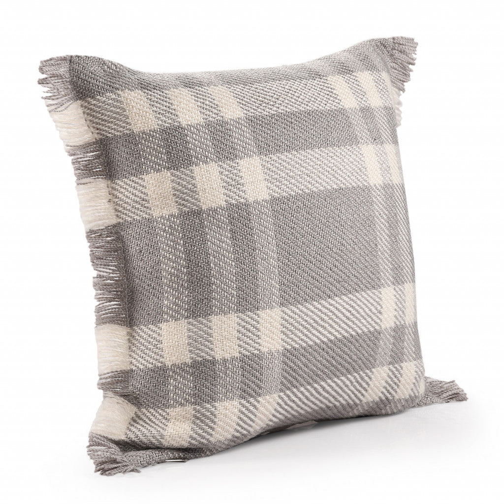 20" X 20" Gray And Ivory Polyester Plaid Zippered Pillow