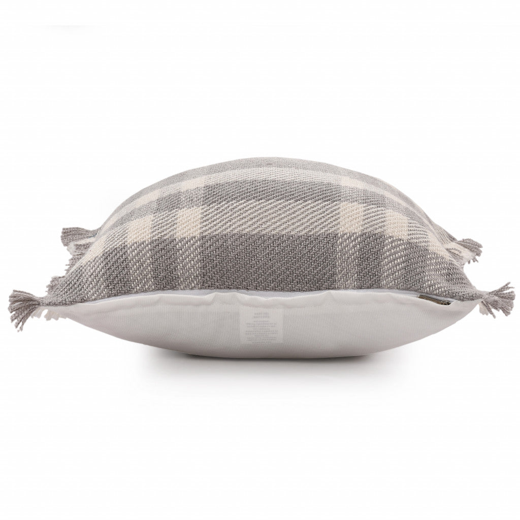 20" X 20" Gray And Ivory Polyester Plaid Zippered Pillow