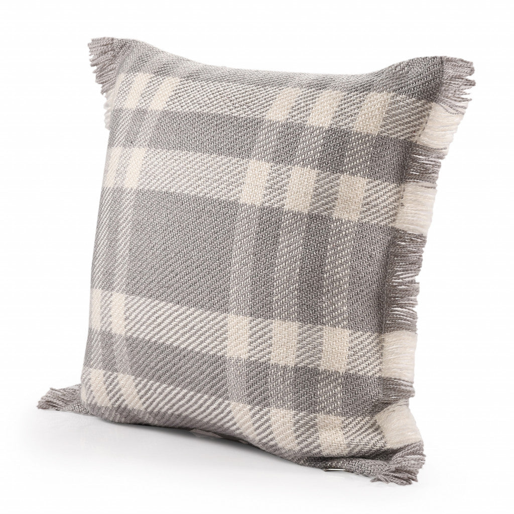 20" X 20" Gray And Ivory Polyester Plaid Zippered Pillow