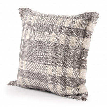 20" X 20" Gray And Ivory Polyester Plaid Zippered Pillow