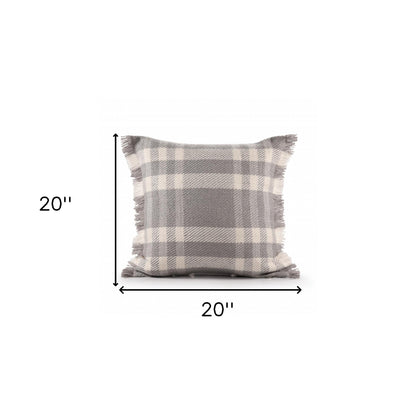 20" X 20" Gray And Ivory Polyester Plaid Zippered Pillow