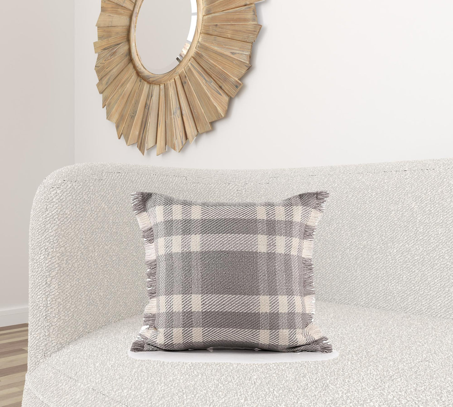 20" X 20" Gray And Ivory Polyester Plaid Zippered Pillow
