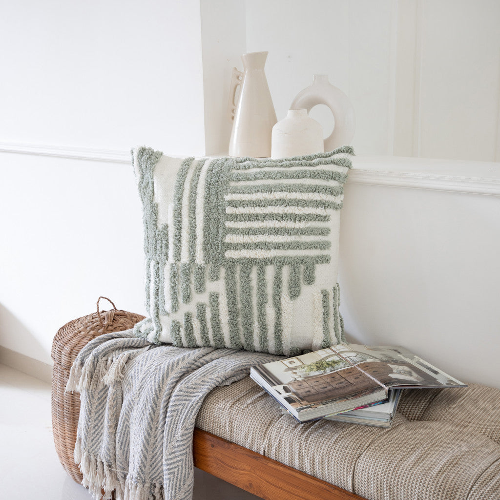 22" X 22" Cream And White 100% Cotton Striped Zippered Pillow