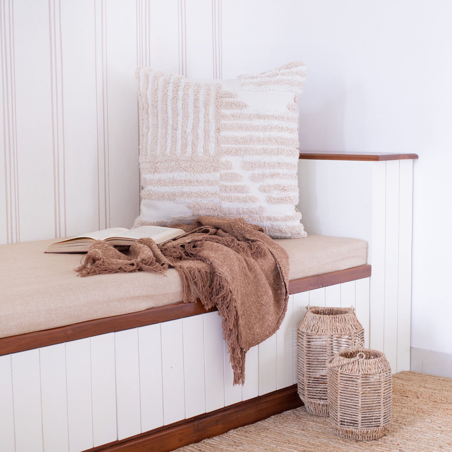 22" X 22" Cream And White 100% Cotton Striped Zippered Pillow