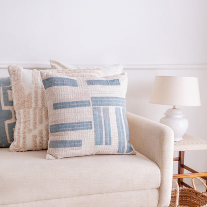 20" X 20" Ocean Blue And Ivory 100% Cotton Striped Zippered Pillow