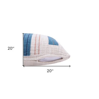 20" X 20" Ocean Blue And Ivory 100% Cotton Striped Zippered Pillow
