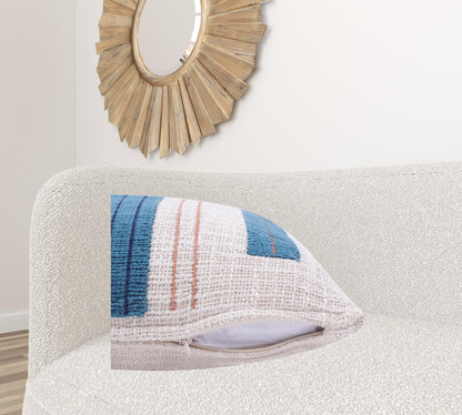 20" X 20" Ocean Blue And Ivory 100% Cotton Striped Zippered Pillow
