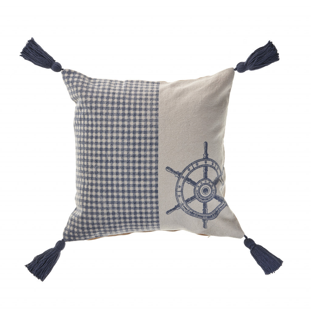 18" X 18" Blue And Cream 100% Cotton Coastal Zippered Pillow