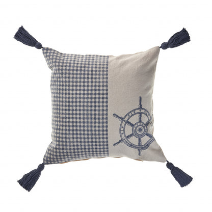 18" X 18" Blue And Cream 100% Cotton Coastal Zippered Pillow